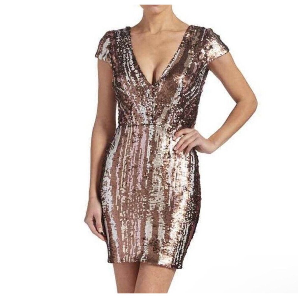 Dress the Population Zoe Sequin Mini Dress Small Matte Bronze Multi Party Formal